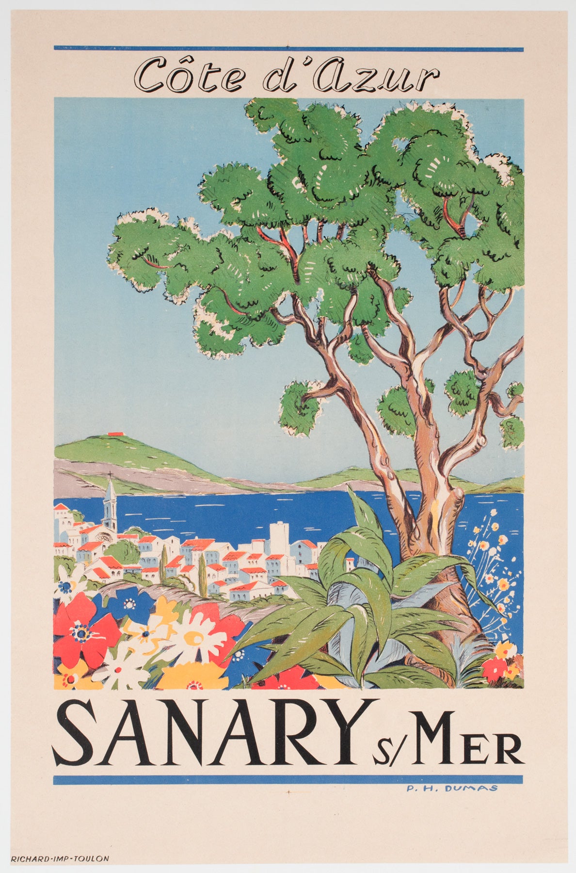 Cote D'Azur Sanary sur Mer 1950s Travel Advertising Poster