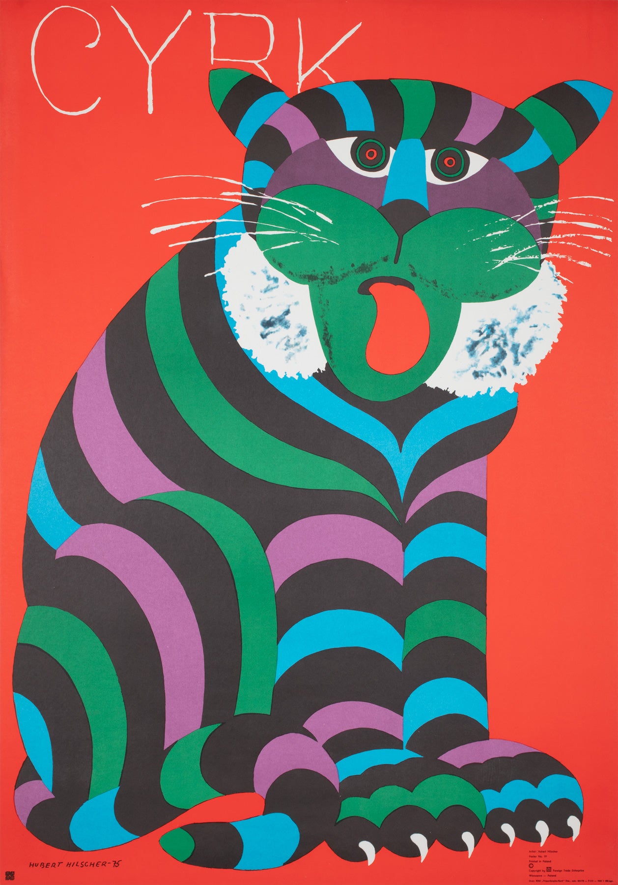 Cyrk Large Stripy Cat Tiger 1978 Polish Circus Poster, Hubert Hilscher