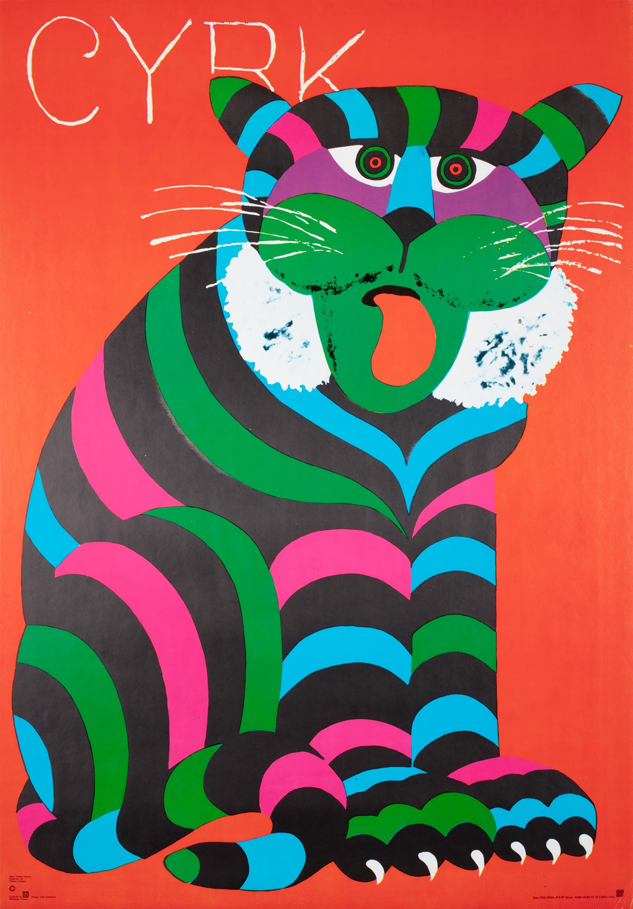 Cyrk Large Stripy Cat Tiger 1980 Polish Circus Poster, Hubert Hilscher